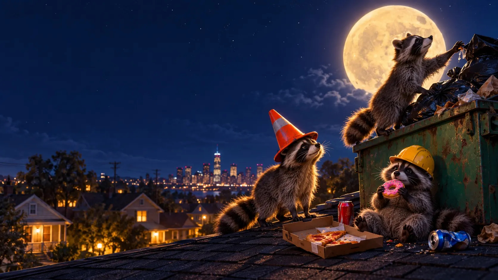 Three raccoons on a moonlit roof beside an open green dumpster