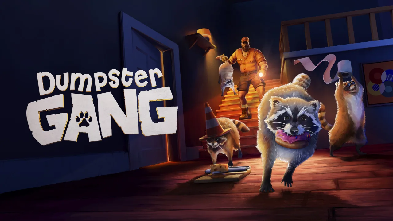 Official Dumpster Gang key art with three raccoons and an exterminator on the stairs