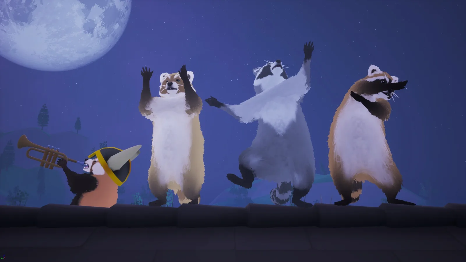 Four raccoons gathered around a suburban house at night
