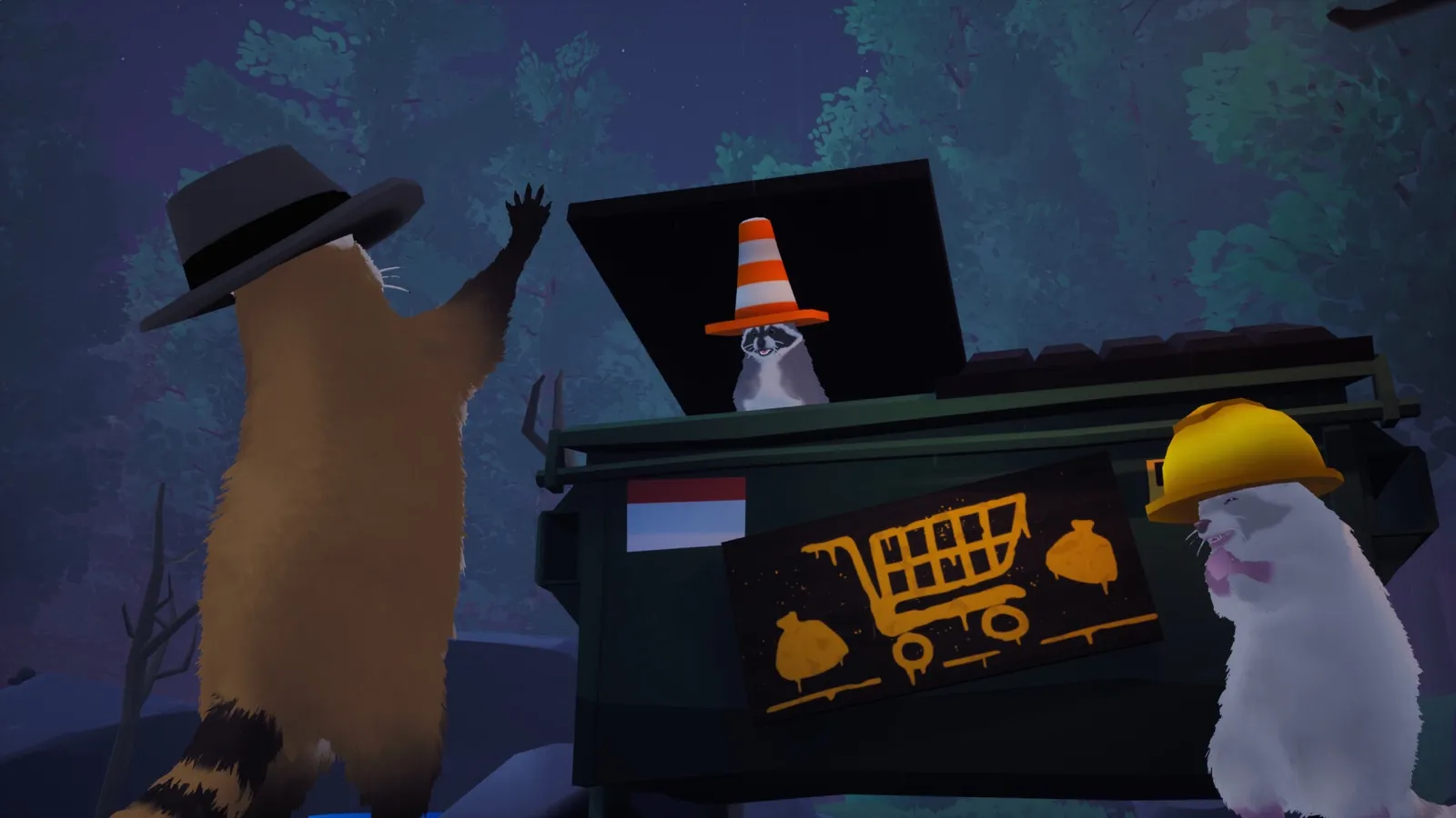 Raccoons moving objects together